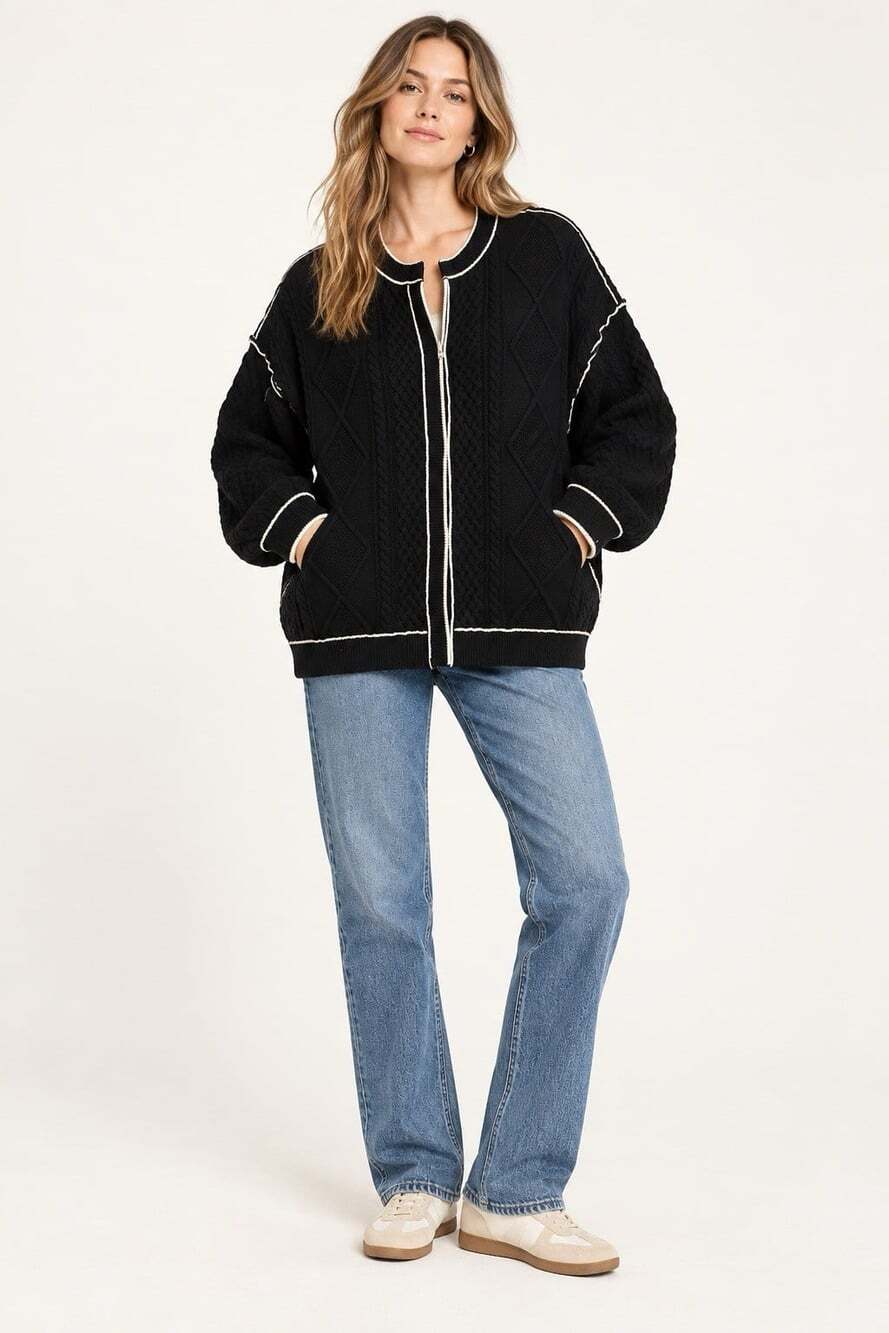 Free People We The Free Cable Tennesee Cable Knit Cardi Long Black White XS NWT
